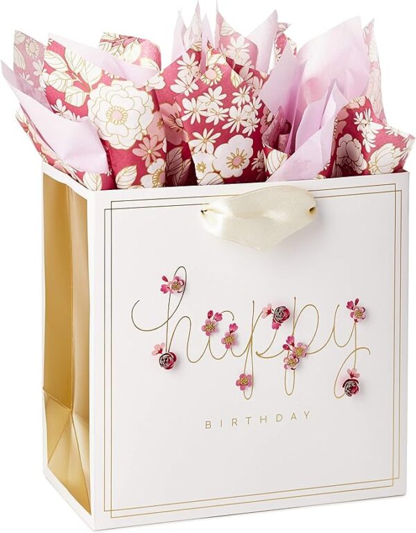 Hallmark Signature 7" Medium Birthday Gift Bag with Tissue Paper (Pink Flowers)